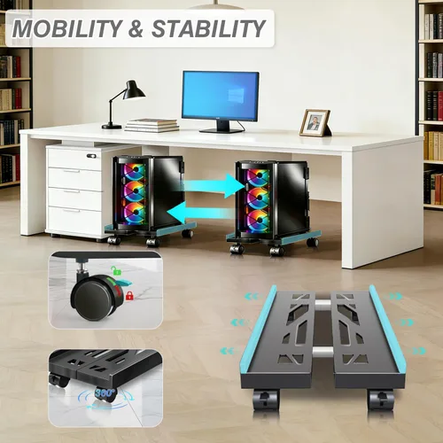 Vista 3 de Soporte de PC, soporte móvil para CPU para piso, soporte enrollable ajustable para CPU, soporte de torre de computadora debajo del escritorio, Negro