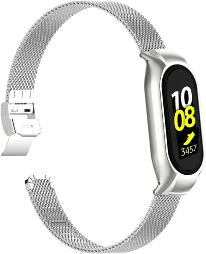 Vista 9 de Correa de reloj de metal compatible con Samsung Galaxy Fit2 SM-R220 de acero inoxidable con marco de bisel protector con diseño de malla