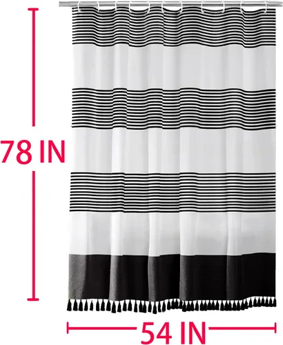 Vista 8 de bufftieo Cortina de ducha en blanco y negro para baño con diseño bohemia a rayas, cortina de ducha de tela moderna con borlas estilo granjero - 54