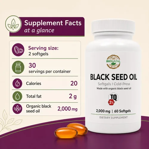 Vista 4 de BioNatal Sofgeles de aceite de semilla negra 2% de timoquinona (TQ) - Cápsulas blandas orgánicas de Nigella Sativa 2,000 mg Aceite de semilla