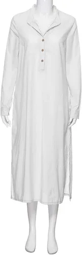 Vista 14 de Vestido de manga larga para mujer, casual, de algodón, lino, con botones, maxivestidos tipo caftán, blanco y azul
