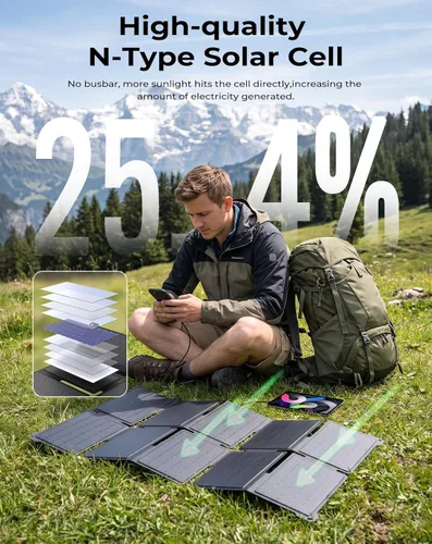 Vista 6 de Cargador de panel solar portátil BigBlue de 35W con carga rápida USB-A y USB-C PD de 25W para acampar, mochila, 0.7 kg, resistente al agua IP68