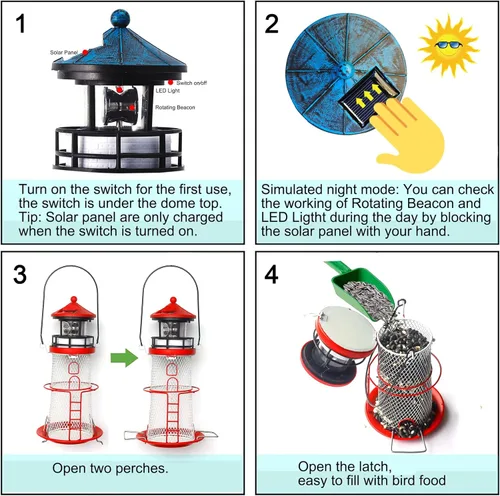 Vista 7 de Comedero Solar para Pájaros Faro con Baliza Giratoria - 14" Colgante Mejor Regalo de Comedero para Amantes de las Aves (Rojo Manzana).