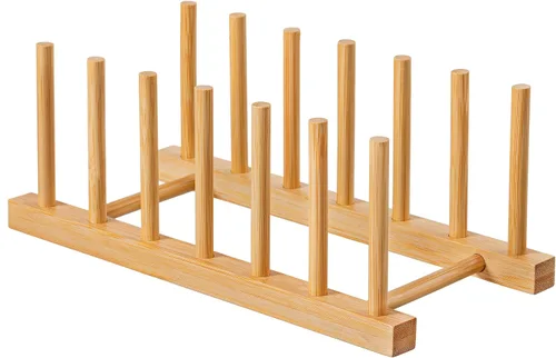 Vista 17 de HBlife - Escurreplatos de madera de acacia con organizador de tapa de olla y plato para gabinete, soporte de tabla de cortar, esculpidor