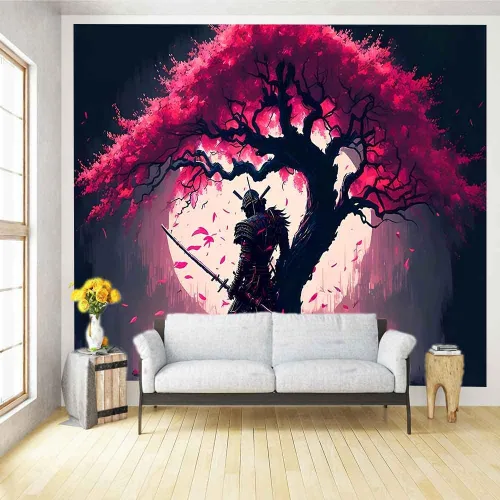 Vista 10 de Ine Ive GTDWIE0297 - Tapiz samurái japonés para estética de dormitorio, luna llena, árbol de cerezo, 40 x 30 pulgadas, arte japonés para dormitorio