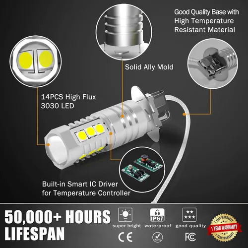 Vista 5 de AUTOGINE Bombillas LED antiniebla H3, 2000 lúmenes, extremadamente brillantes, 3030-SMD H3, bombillas LED con proyector para automóviles