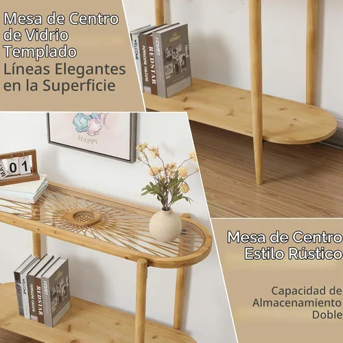 Vista 4 de RUSTOWN Mesa consola de ratán, mesa de entrada bohemia de 2 niveles con parte superior de vidrio templado y patas de madera, mesa de sofá moderna