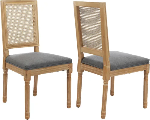 Vista 38 de ODUSE-DAILY Juego de 2 sillas de comedor French Country color beige, sillas de comedor de madera bohemia con respaldo tejido y asiento tapizado
