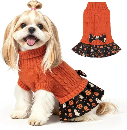 Vista 17 de YUDODO Small Dog Sweater Dress with Bowtie Turtleneck - Knitted Pet Clothes Dusty Pink