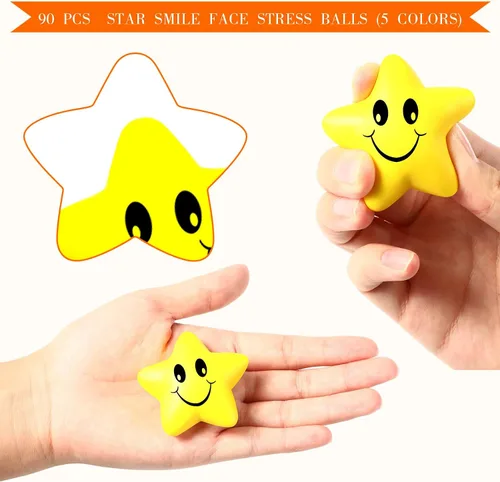 Vista 2 de Civaner 90 unidades de bolas de estrés con forma de sonrisa de estrella, mini espuma divertida, juguetes de alivio de estrellas, bolas de sonrisa