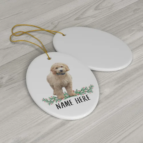 Vista 3 de Funny Goldendoodle Gold - Adornos para árbol de Navidad 2025, ovalados de cerámica