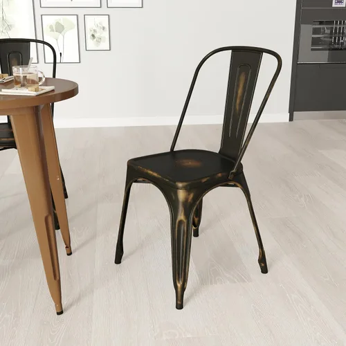 Vista 18 de Merrick Lane Banks - Silla apilable de comedor, marco de metal azul antiguo, acabado con recubrimiento en polvo envejecido, respaldo de listones