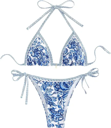 Vista 18 de WDIRARA Traje de baño de dos piezas para mujer estilo boho con estampado floral, conjunto de bikini halter con tiras en forma de triángulo