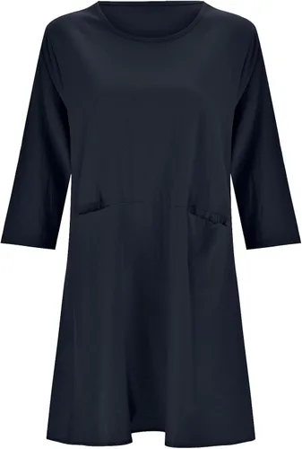Vista 3 de Blusa suelta de lino de algodón para mujer, manga 34, cuello redondo, bolsillos casuales, color liso