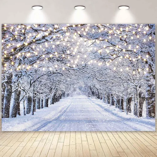 Vista 5 de Telón de Fondo Fotográfico de Escena Invernal de 7x5 Pies País de las Maravillas Copo de Nieve Brillo Nieve Paisaje Árbol Decoración Navidad Fiesta