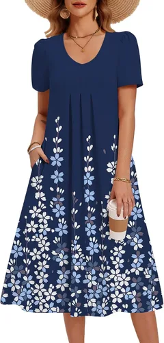 Vista 24 de Zeagoo Vestido de verano para mujer, casual, floral, midi, con bolsillos, cuello en V, plisado, manga corta, estilo alineado, para vacaciones