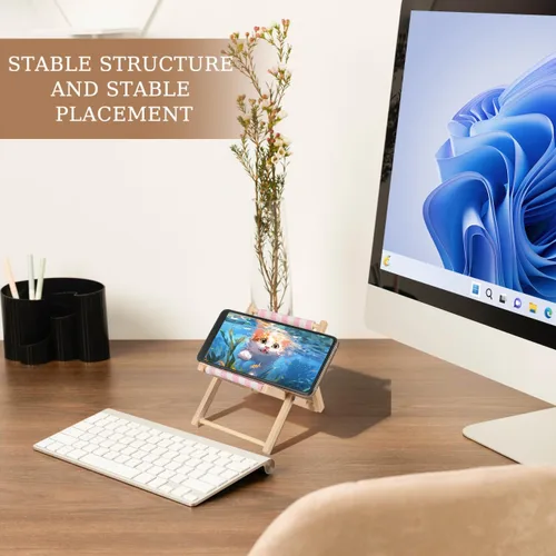 Vista 2 de Beavorty Silla de playa Soporte para teléfono móvil Soporte de escritorio de madera y lona para silla de playa de madera en miniatura, soporte