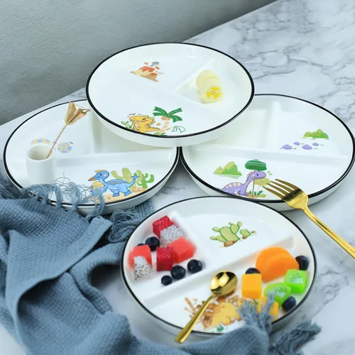 Vista 5 de 1 pieza de plato de porcelana con control de porción de dinosaurio, plato dividido para una alimentación racional, plato de postre dividido, plato