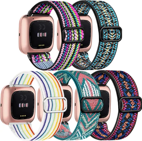 Vista 12 de Paquete de 5 bandas compatibles con Fitbit Versa 2 para mujeres/Versa Lite/SE, suave banda de nylon trenzada ajustable para un solo bucle