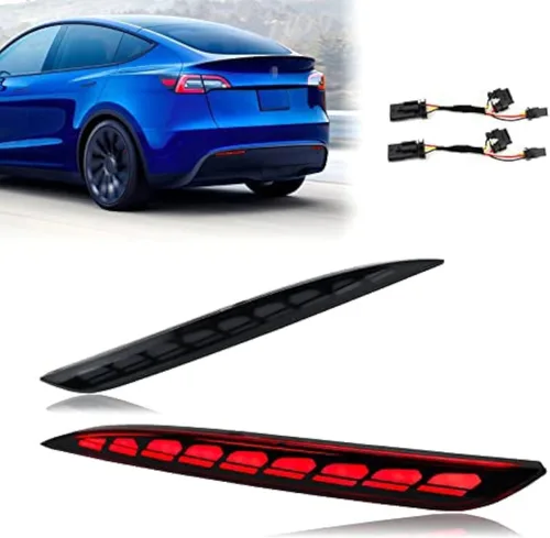 Vista 8 de Reflector de parachoques de niebla trasero con lente roja, luz trasera de freno intermitente secuencial, luces de señal 3 en 1, compatible con Tesla