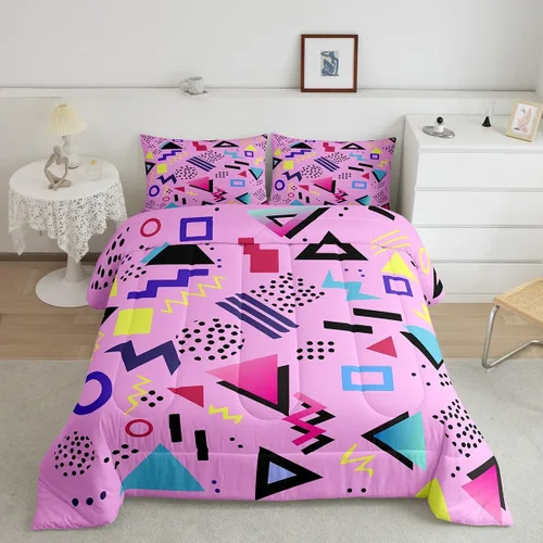 Vista 40 de Juego de edredón de estilo retro de los años 80, juego de ropa de cama de patrón geométrico abstracto, diseño urbano moderno con círculos