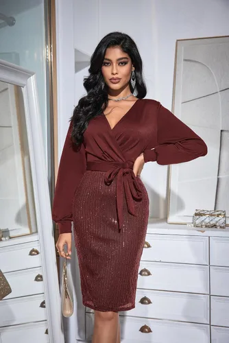 Vista 2 de GRACE KARIN Vestido de fiesta brillante con lentejuelas para mujer, vestido de cóctel ajustado con purpurina de manga larga