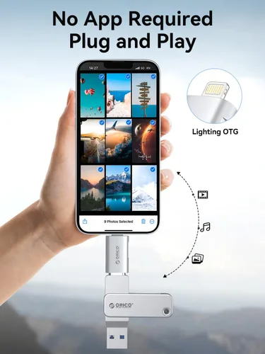 Vista 5 de ORICO Adaptador Lightning a USB con puerto de carga, USB C hembra a Lightning macho para iPhone 14, 13, 11, 12 Pro Max, compatible con soporte