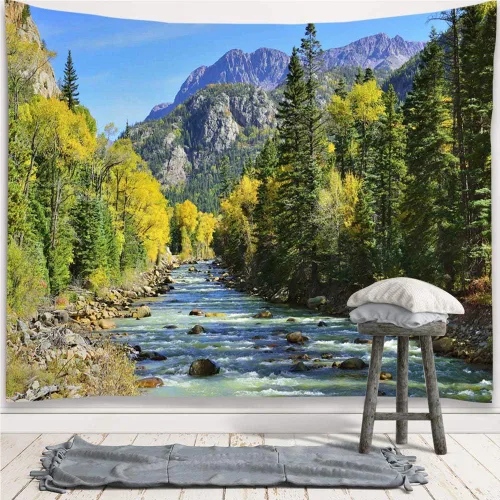 Vista 4 de YISURE Tapiz de naturaleza con montañas y bosque, paisaje escénico de árbol de pino verde y cascada, colgante de pared para decoración