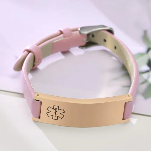 Vista 37 de MPRAINBOW Pulsera de alerta médica personalizada para mujer, correa de reloj de cuero genuino, grabado de doble cara, diabetes, epilepsia, joyería