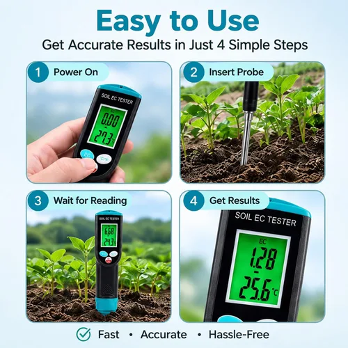 Vista 7 de Medidor digital EC de suelo 2 en 1 plantas porfesionales medidor de temperatura EC con sensor con cable, pantalla LCD retroiluminada, compensación
