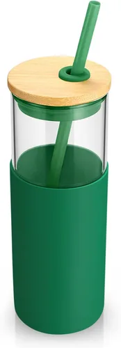Vista 42 de Tronco Vaso de vidrio de 28 onzas con tapas y pajilla, taza reutilizable para café helado y vaso para batidos con tapa de bambú, funda de silicona