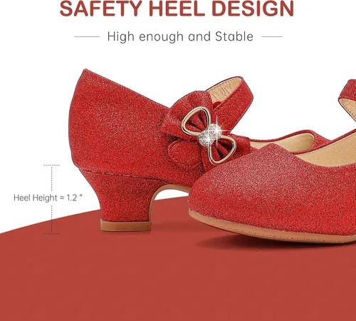 Vista 5 de Dufannie Zapatos de vestir para niñas, zapatos de tacón bajo de princesa, zapatos planos con purpurina para bodas y fiestas