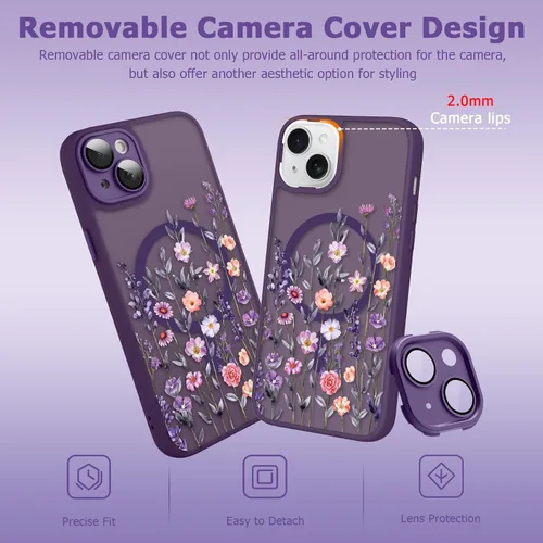 Vista 3 de Magnético para iPhone 13 con protector de pantalla [Compatible con MagSafe] Diseño de patrón floral de flores bonitas, funda delgada a prueba