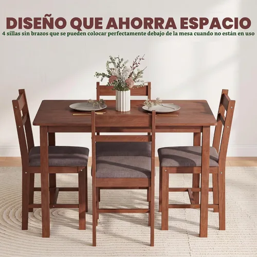 Vista 6 de HOMCOM Juego de mesa de comedor de madera maciza de 5 piezas para 4, mesa de cocina estilo granja con sillas tapizadas para espacios pequeños Marrón