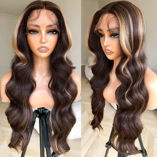Vista 15 de Peluca de encaje frontal de 14 pulgadas con cuerpo ondulado de encaje HD, pelucas sin pegamento de cabello humano preestilizadas y precortadas Negro