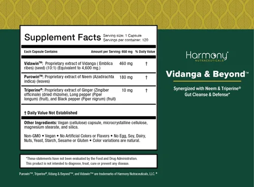 Vista 5 de Harmony Nutraceuticals Vidanga & Beyond™ Extracto de alta potencia con neem y triperine® Limpieza intestinal y apoyo de defensa 120 cápsulas