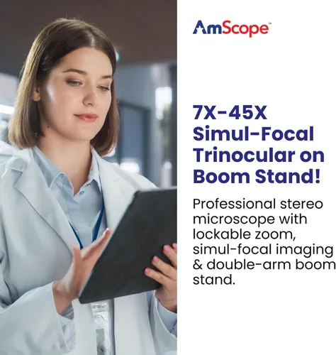 Vista 2 de Microscopio con zoom y cerradura estéreo Simul-Focal AmScope 7X a 45X con cabezal de brazo doble