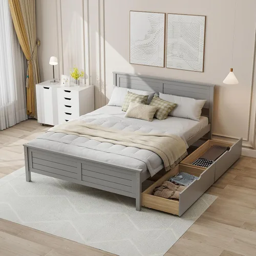 Vista 11 de Giantex Cama individual de madera con 2 cajones de almacenamiento, plataforma de madera maciza con cabecero, base de colchón de soporte de listones