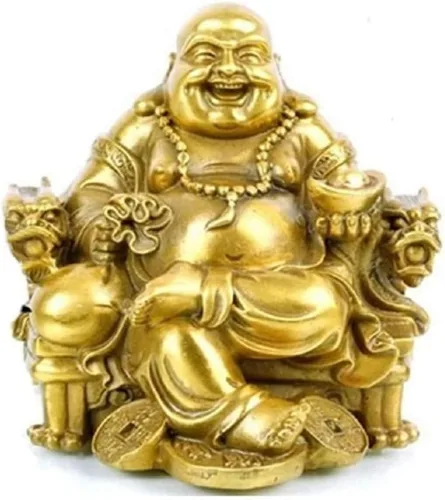 Vista 6 de Estatua de Buda Fengshui para la suerte y la felicidad, Dios de la riqueza, Buda riendo en la silla del dragón del emperador, estatuas budistas