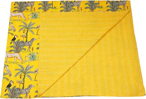 Vista 31 de Marubhumi Edredón tradicional indio de algodón puro con estampado de selva Kantha, funda de cama, colcha Kantha con estampado de animales, Negro