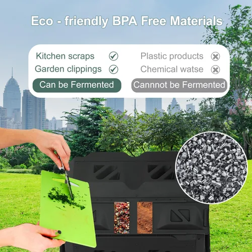 Vista 4 de Contenedor de compostaje para exteriores, doble cámara, capacidad de 43 galones, sin BPA, giratorio por lotes, con puertas correderas, compostador