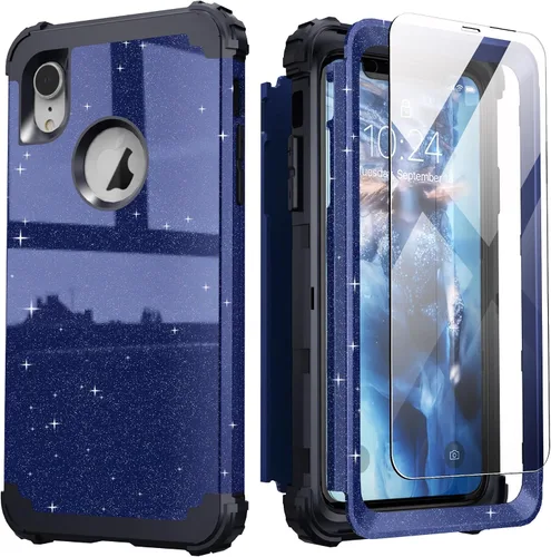 Vista 24 de IDweel Funda para iPhone XR, funda para iPhone XR con protector de pantalla de vidrio templado, 3 en 1, a prueba de golpes, delgada, híbrida, Negro