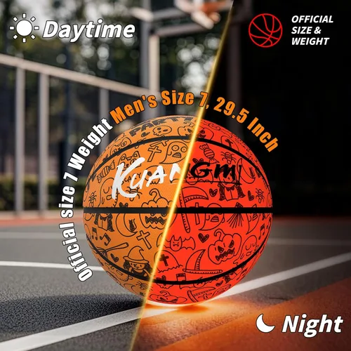 Vista 2 de Kuangmi Balón de baloncesto con luz LED, brilla en la oscuridad para juego nocturno y canasta de entrenamiento, tamaño oficial 7 (29.5 pulgadas)