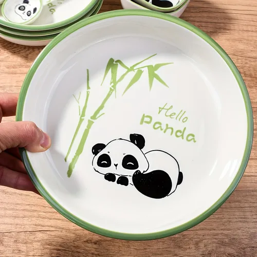 Vista 5 de Juego de 4 platos de cerámica para ensalada, platos decorativos con estampado de bambú de panda para sushi, postres, aperitivos, aptos