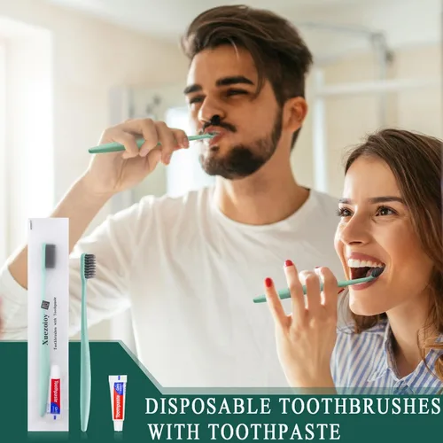 Vista 2 de Cepillos de dientes desechables con pasta de dientes, paquete de 30 cepillos de dientes de viaje desechables verdes envueltos individualmente kit al