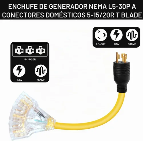 Vista 2 de Cable de alimentación para generador de 30 amperios a 110, adaptador de generador de 3 clavijas de 30 amperios a 15 A, enchufe de alimentación macho