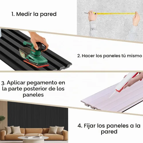Vista 6 de Paquete de 8 paneles de pared con listones 3D, paneles de pared de madera sintética insonorizados para decoración de interiores, 47.2 x 6.3 Negro