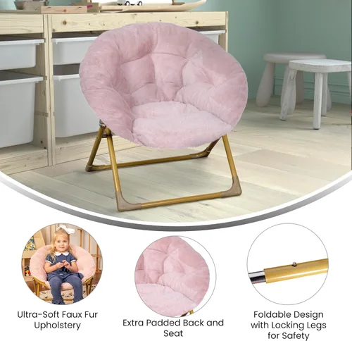 Vista 4 de Flash Furniture Silla Mini Plegable y Acogedora Gwen para Niños - Silla Lunar de Pelo Sintético Color Rosa Claro - Estructura de Metal Dorado Suave
