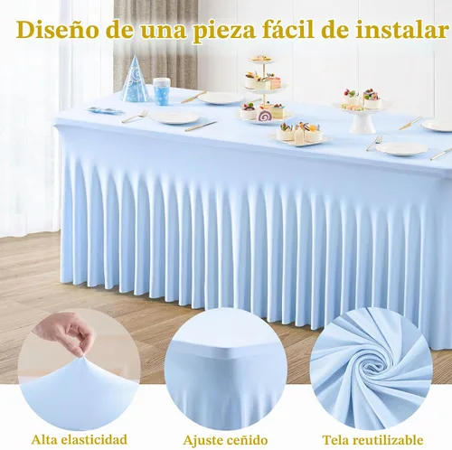 Vista 2 de Paquete de 2 manteles color azul bebé para mesa rectangular de 4 pies, manteles de elastano elásticos de 4 pies, falda blanca rectangular para baby