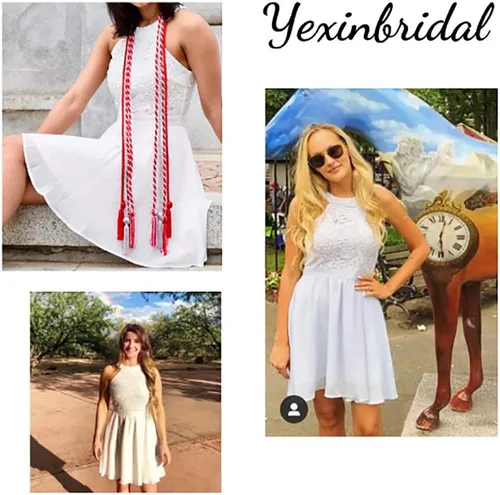 Vista 5 de Yexinbridal Halter Vestidos cortos de dama de honor gasa floral encaje boda país